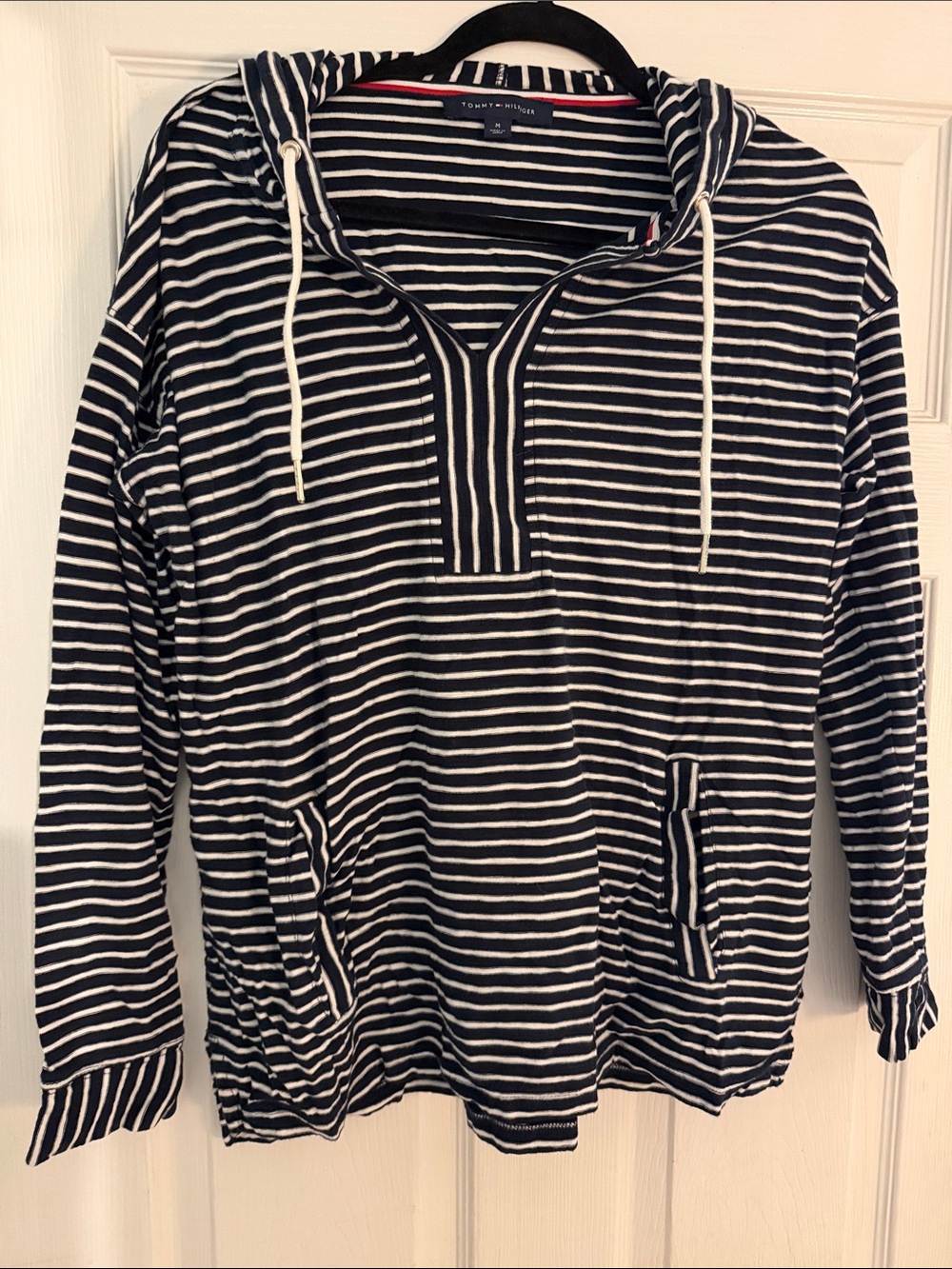 Tommy Hilfiger Navy and White Striped Long Sleeve Hoodie Tee